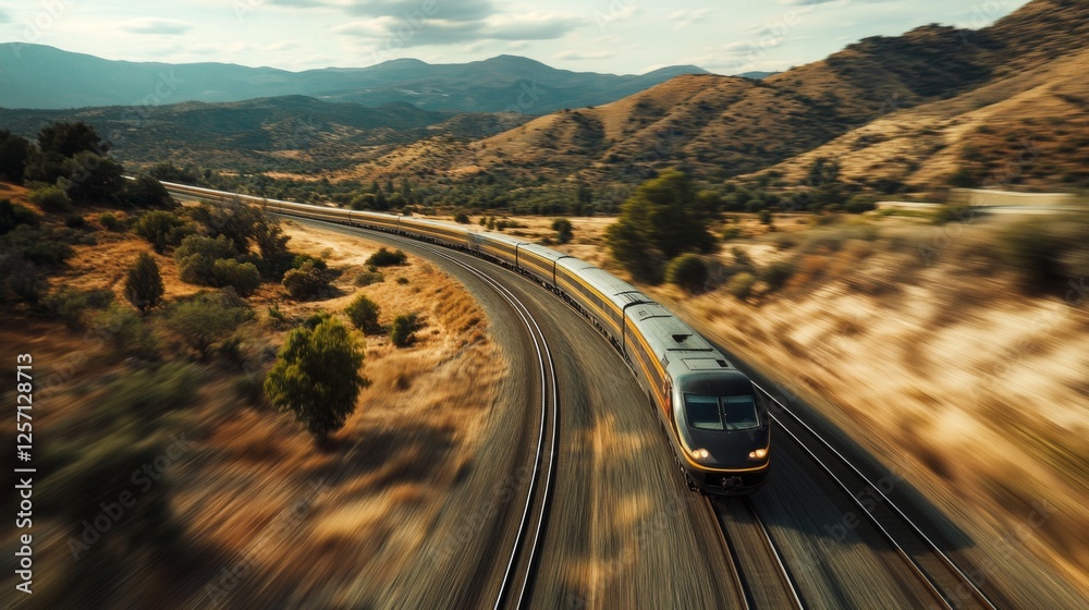Poster a high-speed train racing through a scenic landscape, with motion blur emphasizing the speed and eff