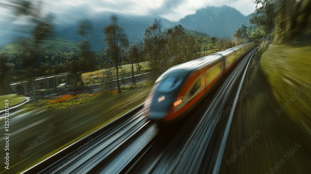 Poster A high-speed train racing through a scenic landscape, with motion blur emphasizing the speed and efficiency of modern rail transport.