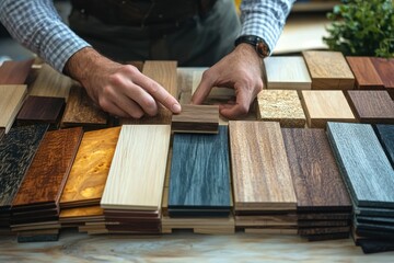 interior designer selecting wooden samples for flooring and furniture materials in home project