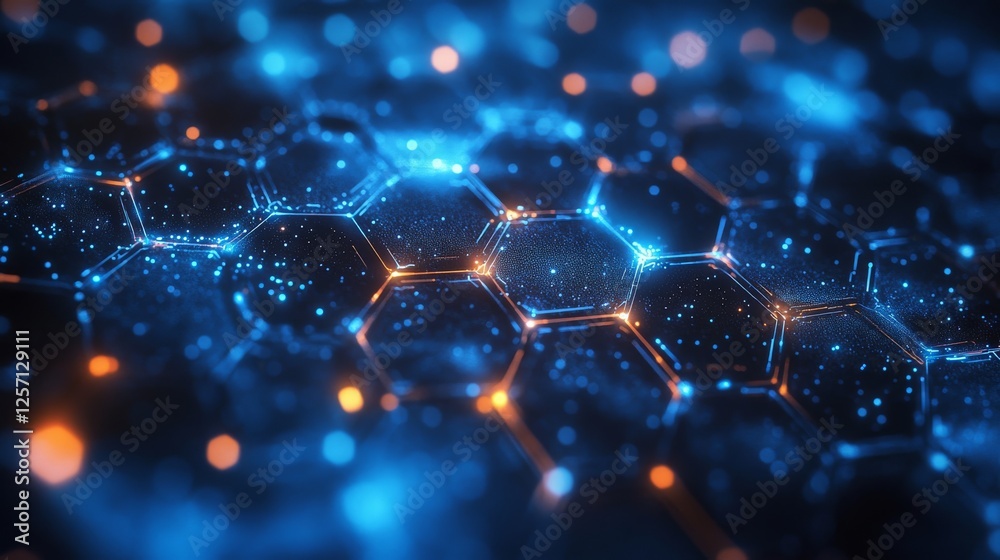 Leinwandbilder Glowing Hexagon Network: Interconnected Data Flow with Blue and Orange Light, Abstract Digital Grid with Depth of Field and Futuristic Technology Feel