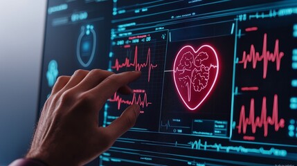 Health tech monitoring security concept. Hand touching a digital heart monitor on a futuristic screen.