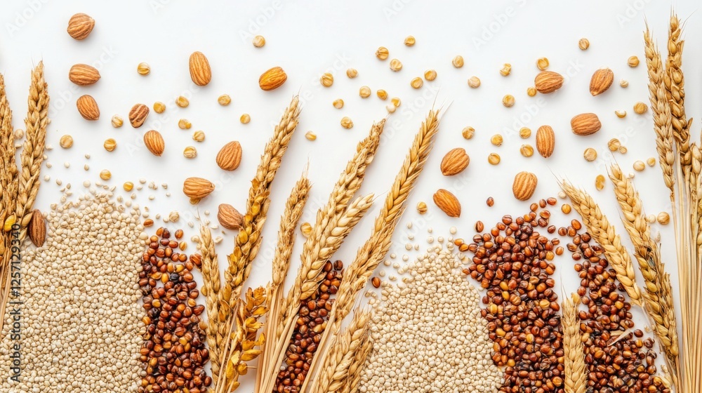 Poster A mix of grains like quinoa, millet, and farro displayed in a layered pattern on a white background, creating a minimalist composition
