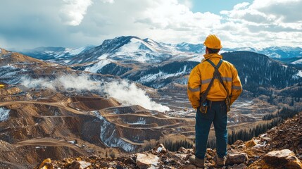Miner surveying mountaintop mine, steam rising