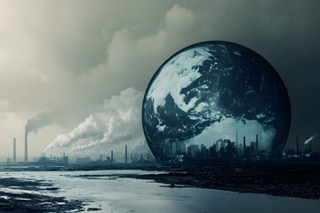 A composition featuring a globe, a striking depiction of environmental devastation unfolds
