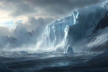 A breathtaking yet hauntingly scene of shattered glaciers collapsing into the sea