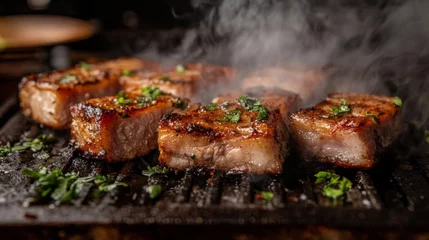 A mouthwatering image of pork belly slices marinated in spices, sizzling on a grill, with smoke rising and herbs scattered around for added flavor