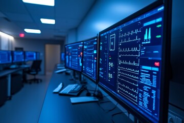 Health tech virtual security concept. Modern control room with multiple screens displaying data analytics.