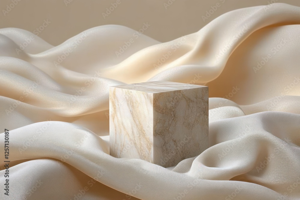 Poster minimalist still life composition with marble cube and beige fabric for product display