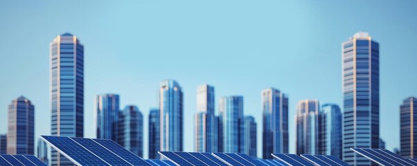 Fototapeta premium Renewable Energy solar market concept. Modern skyline with solar panels under a clear blue sky.