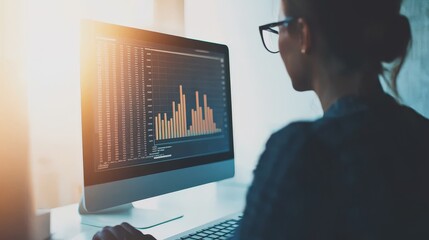 Marketing analytics strategy behavior concept. Professional analyzing data on computer screen in sunlit office.