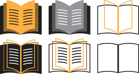 Set of Open Book Icons in Various Colors and Styles, set of open book icons, displayed in different color palettes: one in gold/brown, one in gray, one in black/gold, and one in black outline.