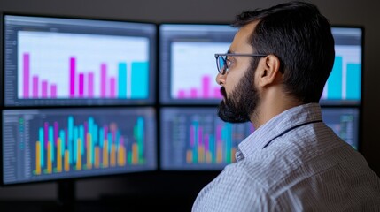 Marketing analytics data personalization concept. Professional analyzing data on multiple monitors in a modern office setting.