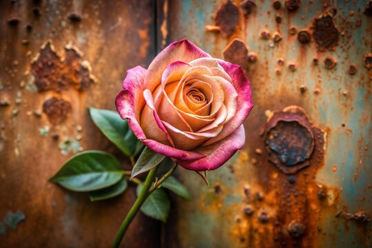 Vibrant rose flower against rustic metal background highlighting soft and hard textures