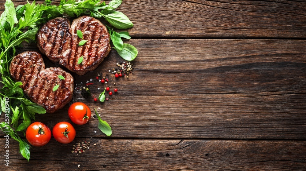 Aufkleber a rustic wooden table featuring a selection of raw steaks, including ribeye and filet mignon, with s