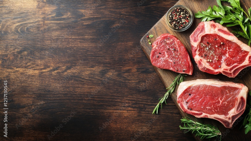 Aufkleber a rustic wooden table featuring a selection of raw steaks, including ribeye and filet mignon, with s