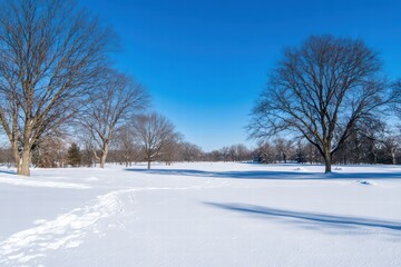 Obraz premium Snowy Winter Landscape with Bare Trees and Clear Blue Sky