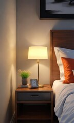 Low bedside table with a small lamp in front of it, serene surroundings, warm ambient, nightstand