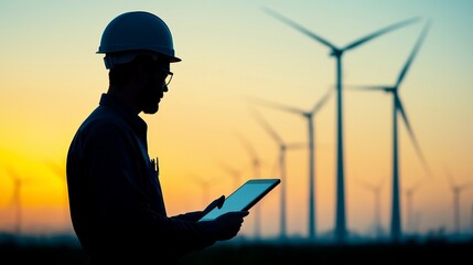 Renewable Energy decarbonization concept. Silhouette of a worker with a tablet near wind turbines at sunset.
