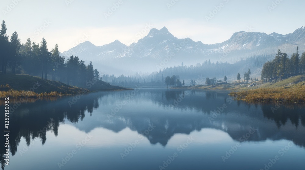 Poster a serene view of a mountain range reflected perfectly in the calm waters of a nearby lake, with the 
