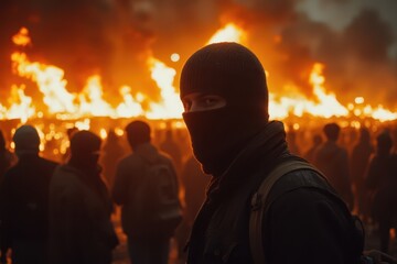 a man in a black mask standing in front of a crowd of people