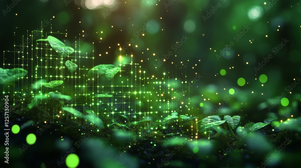Aufkleber green tech nature: a futuristic ecosystem with glowing data network overlaying lush foliage, represe