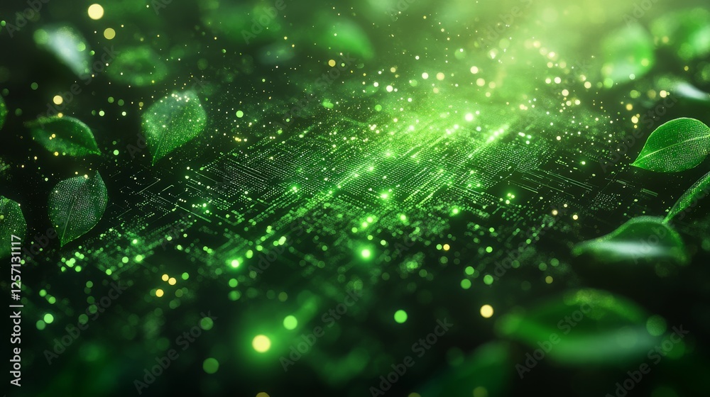 Poster green technology: digital circuit board with organic leaves and bokeh lights, illustrating a symbiot