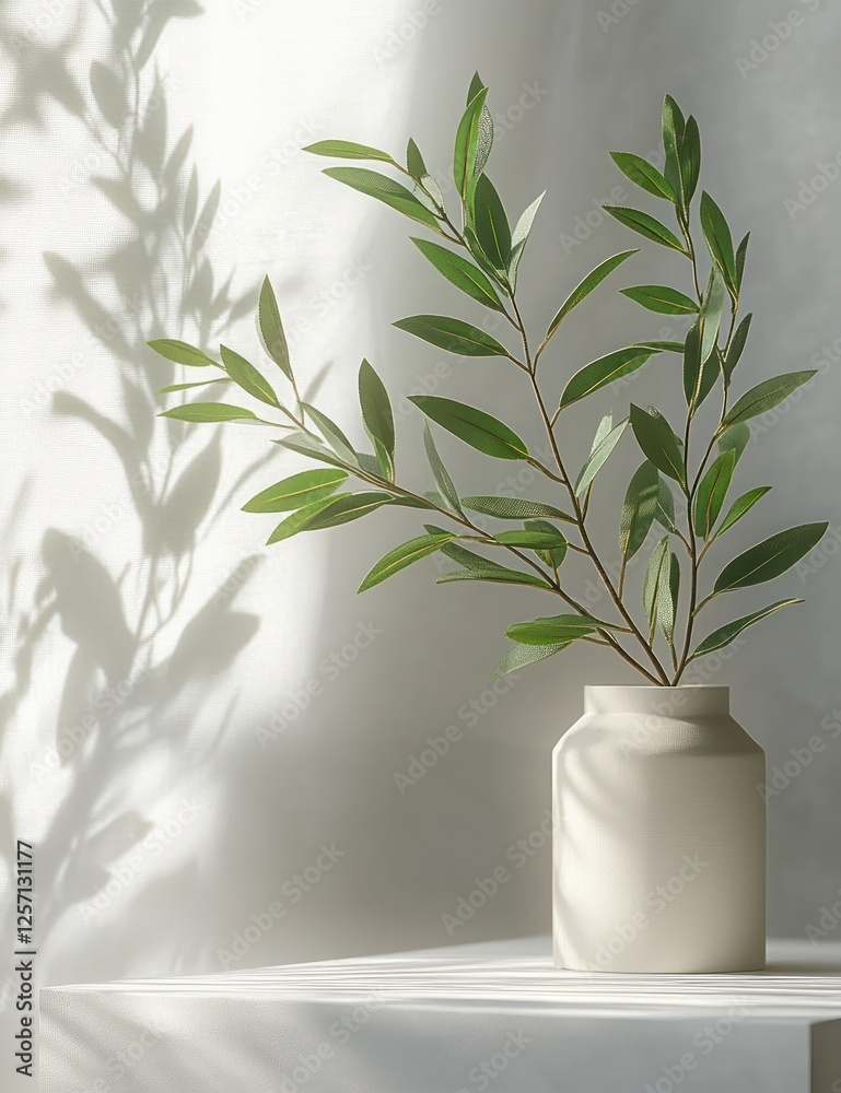 Poster minimalistic still life with green leaves on white pedestal in soft natural light for product presen