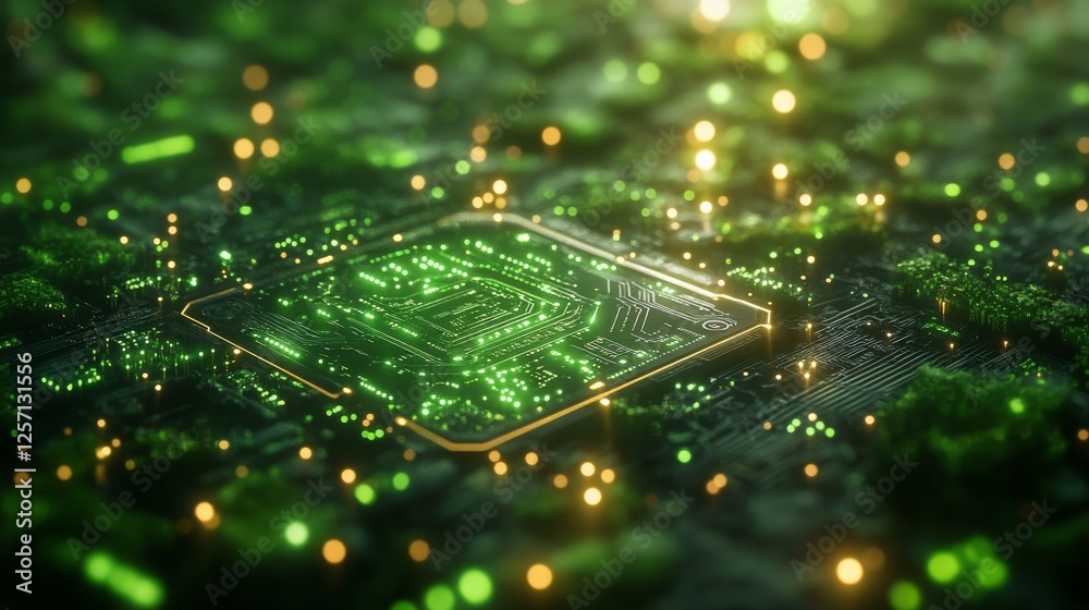 Poster green technology: illuminated circuit board with abstract bokeh, representing futuristic computing a
