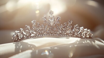 A stunning diamond tiara sparkling in the light, elegantly displayed against a soft, neutral background to highlight its exquisite design