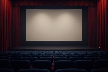 Fototapeta premium an empty theater with red curtains and a screen
