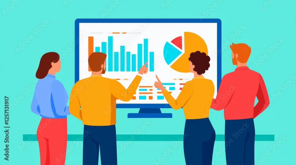 Poster marketing analytics consumer optimization concept. team analyzing data on a screen with charts and g
