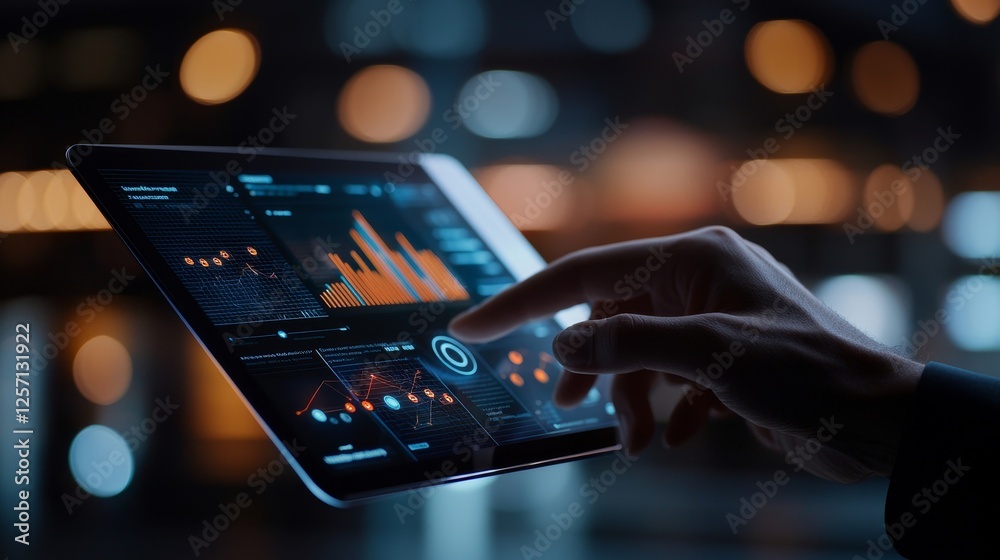 Poster marketing analytics performance roi concept. tablet displaying data analytics with a hand interactin
