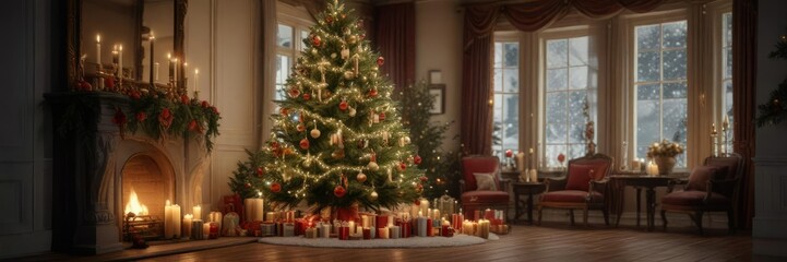 Majestic Christmas tree decorated with candles and ornaments, festive decoration, natural beauty