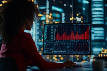 Marketing analytics performance ROI concept. Woman analyzing data on a screen in a cityscape at night.