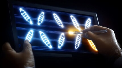 Scientist using a digital tablet to analyze genetic sequences in a dark laboratory setting