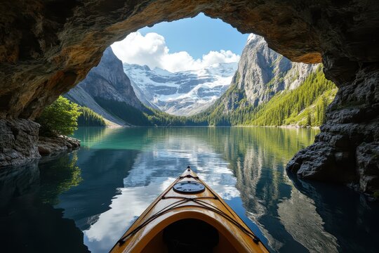 a kayak is seen in a cave in the mountains