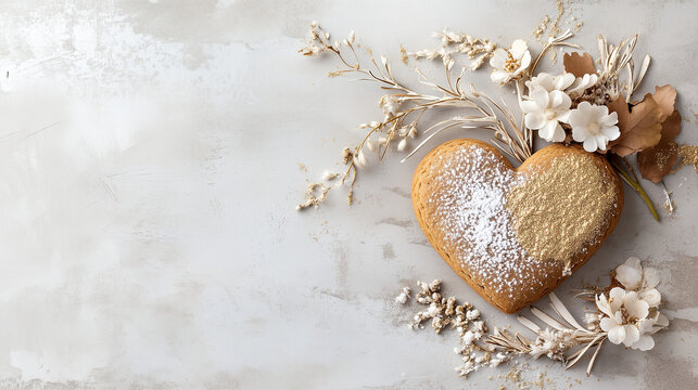 German Oktoberfest gingerbread heart with floral decoration and gold dust on vintage background with copy space