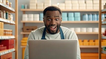 Obraz premium Surprised Shop Owner Looking at Laptop