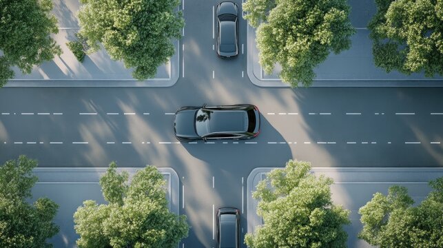 Aerial view of a car at a four-way intersection.