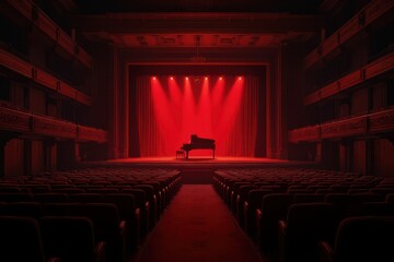 a red stage with a piano in the middle