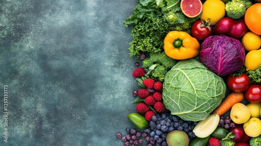 Poster assorted fruits and vegetables arranged on a wooden table with vibrant colors and textures