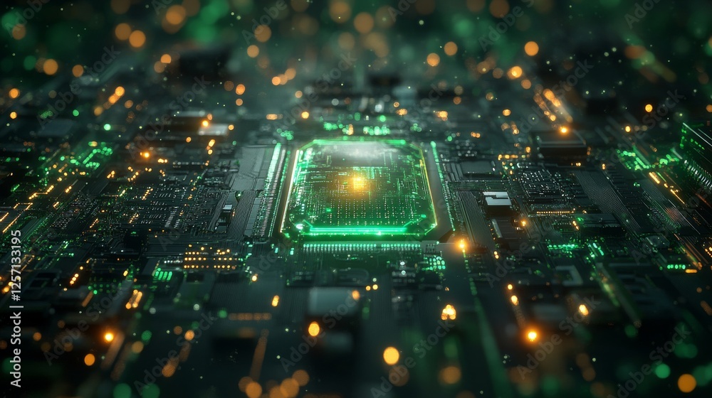 Poster Illuminated Circuit Board: A Futuristic Vision of Technology with Glowing Green and Gold Details, Showcasing Complex Interconnections and High-Tech Innovation.