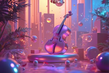 a cello is sitting on a pedestal surrounded by bubbles