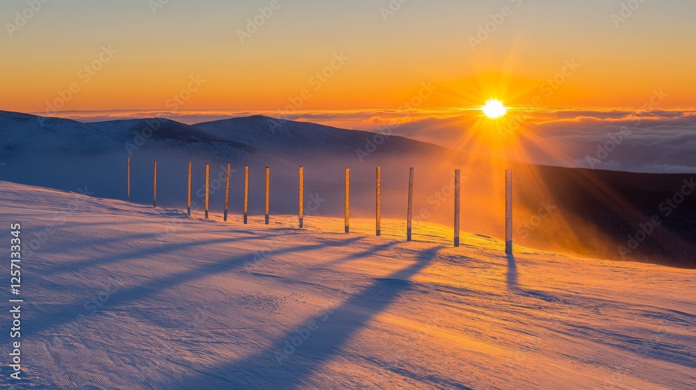 Poster a vibrant sunrise illuminating a row of utility poles, with the light casting long shadows across a 