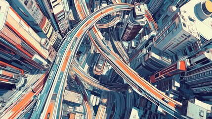 Abstract aerial view of complex highway system interwoven with city buildings.