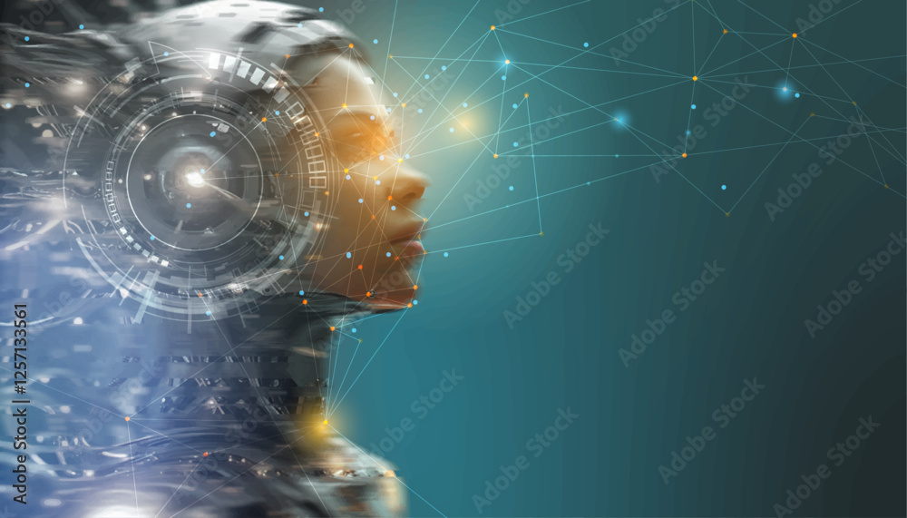 Poster Vector Abstract modern technology futuristic, AI bot, Artificial Intelligence concept. Robot and cyberspace, digital data, datum communication, innovation on hi tech future design for background