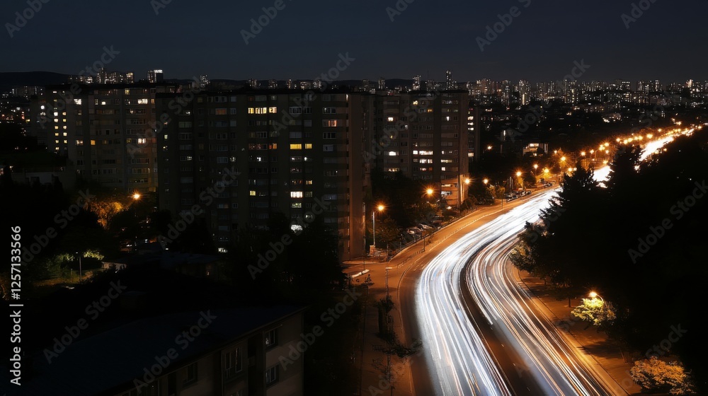 Poster blurred motion effect of a highway with streaks of car lights, conveying high-speed movement against