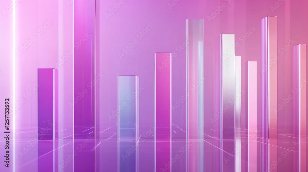 Poster bright gradient d bars rising from a digital floor with soft reflections, creating a futuristic data