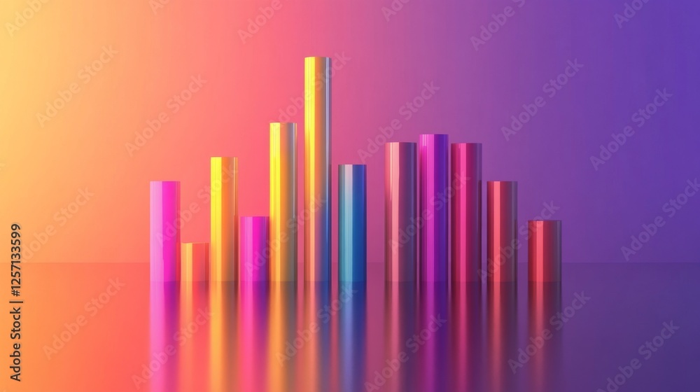 Poster bright gradient d bars rising from a digital floor with soft reflections, creating a futuristic data