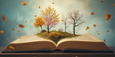 the book is open with a tree flying in the air